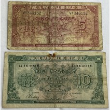 BELGUIM 1943 . FIVE 5 and TEN 10 FRANCS BANKNOTES